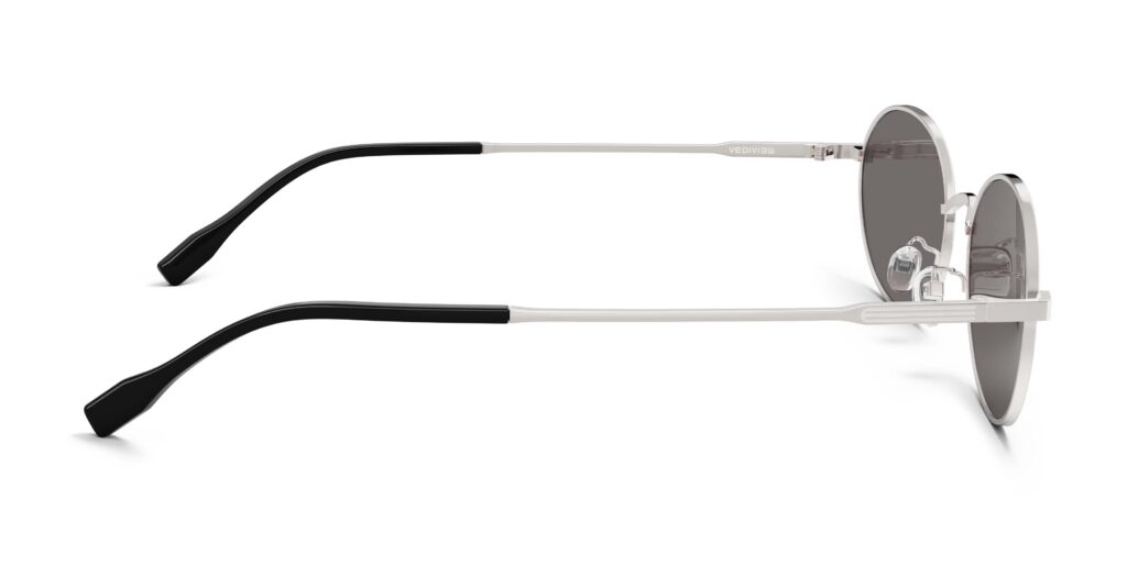 Side view of Alva silver oval sunglasses with brown polarized lenses from Vediview