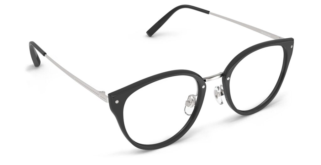 Angled view of Angelou black cat eye eyeglasses from Vediview