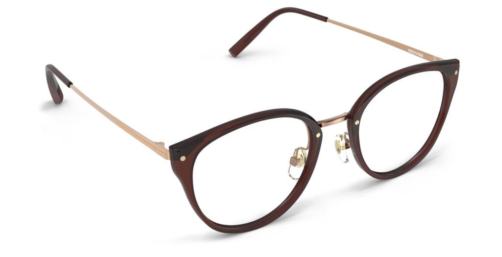 Angled view of Angelou brown cat eye eyeglasses from Vediview