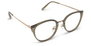 Angled view of Angelou green cat eye eyeglasses from Vediview