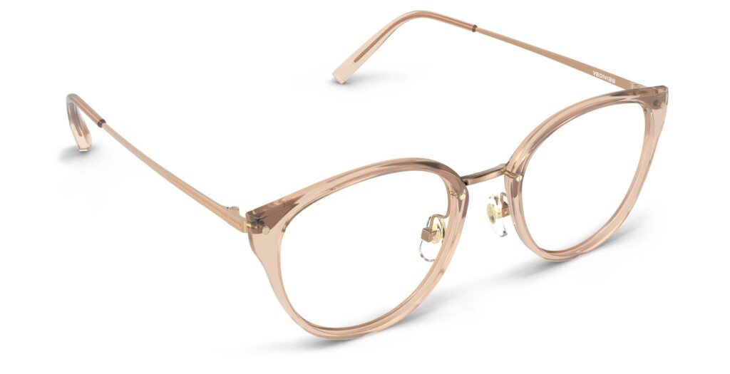 Angled view of Angelou pink brown cat eye eyeglasses from Vediview