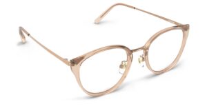 Angled view of Angelou pink brown cat eye eyeglasses from Vediview