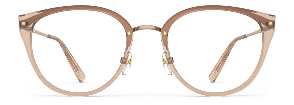Front view of Angelou pink brown cat eye eyeglasses from Vediview