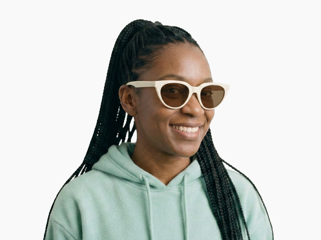 Woman model wearing Callas cream acetate sunglasses from Vediview