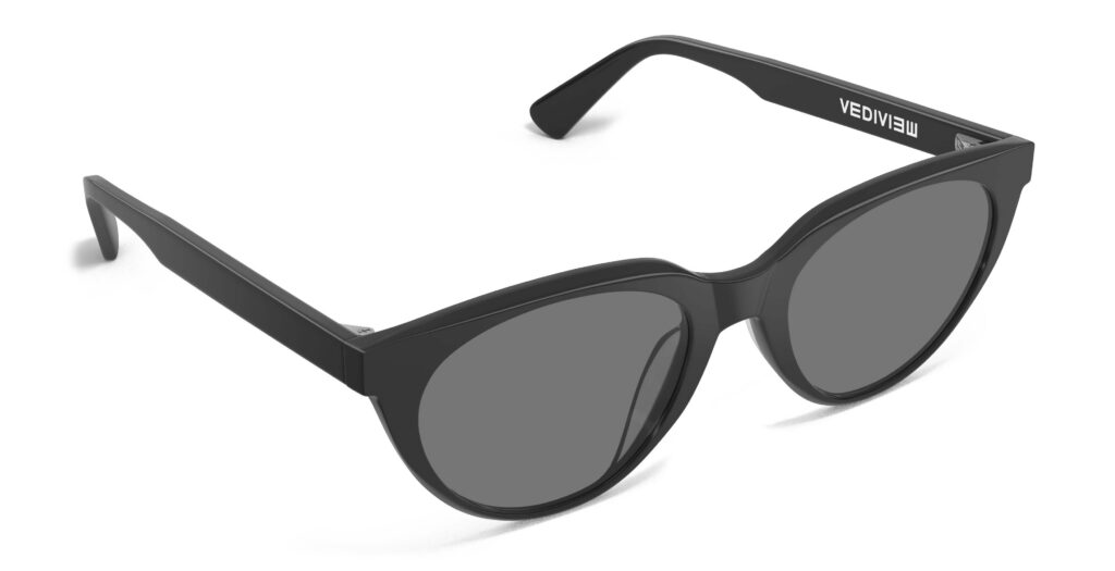 Angled view of Callas black cat eye sunglasses with grey lenses from Vediview