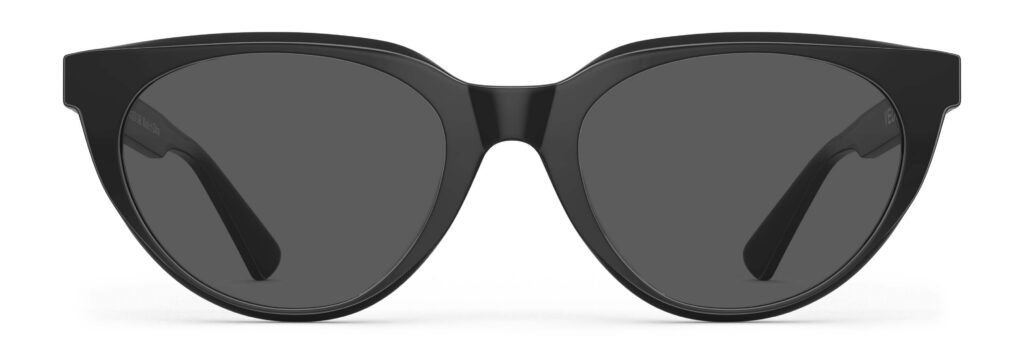 Front view of Callas black cat eye sunglasses with grey lenses from Vediview