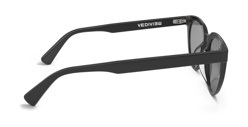 Side view of Callas black cat eye sunglasses with grey lenses from Vediview