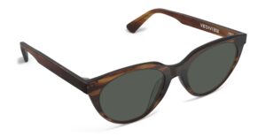 Angled view of Callas tortoise cat eye sunglasses with green lenses from Vediview