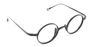 Angled view of Chaplin black round eyeglasses from Vediview