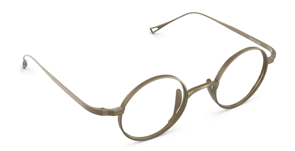 Angled view of Chaplin bronze round eyeglasses from Vediview