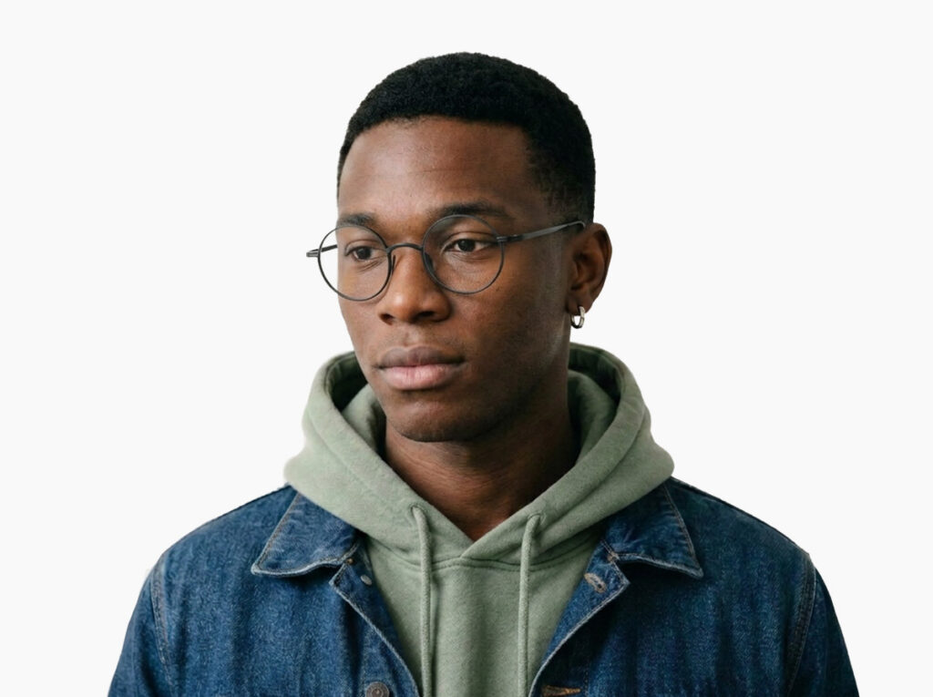 Man model wearing Chaplin black titanium eyeglasses from Vediview