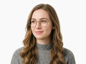 Woman model wearing Chaplin bronze titanium eyeglasses from Vediview