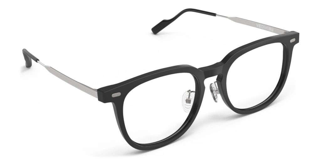 Angled view of Merce black cat-eye eyeglasses from Vediview