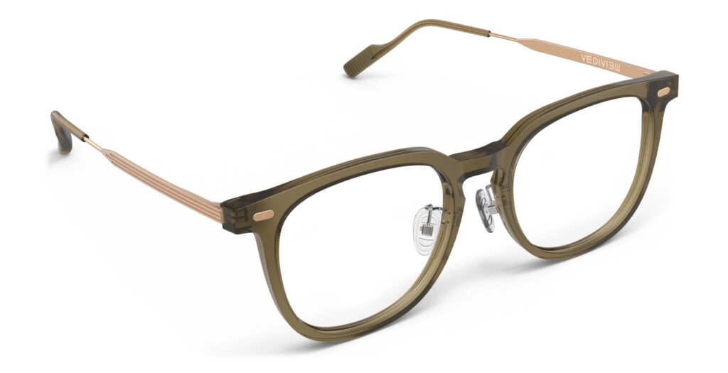 Angled view of Merce brown green cat-eye eyeglasses from Vediview