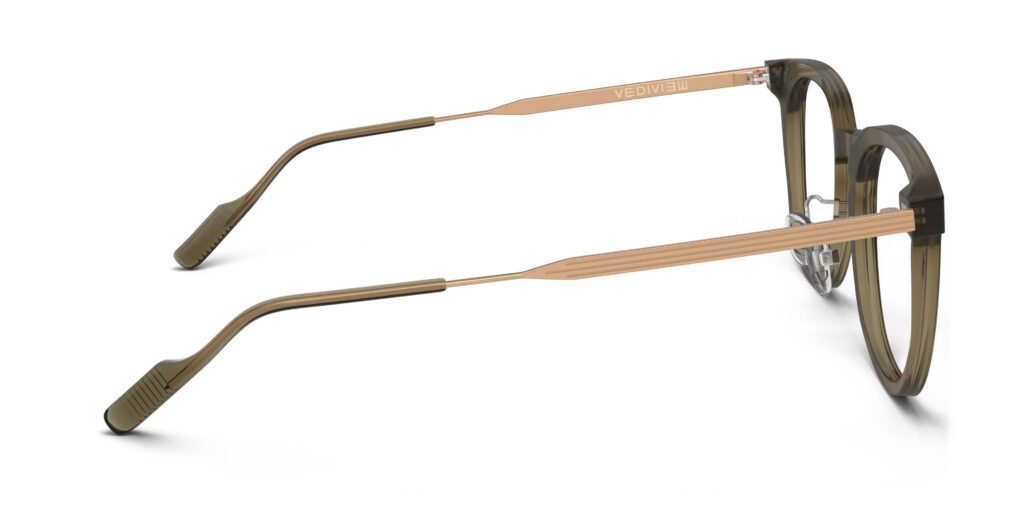 Side view of Merce brown green cat-eye eyeglasses from Vediview