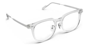 Angled view of Merce clear cat-eye eyeglasses from Vediview