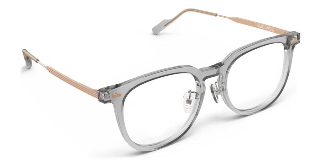 Angled view of Merce grey cat-eye eyeglasses from Vediview