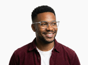 Man model wearing Merce clear TR90 eyeglasses from Vediview