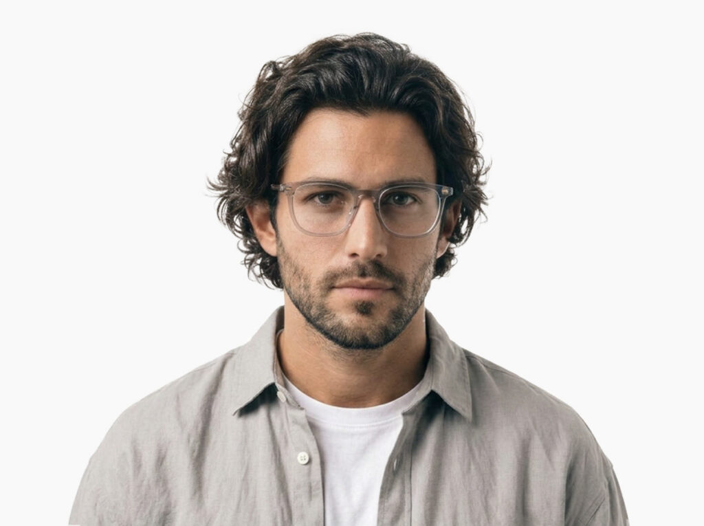 Man model wearing Merce grey TR90 eyeglasses from Vediview