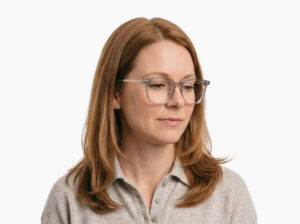 Woman model wearing Merce grey TR90 eyeglasses from Vediview