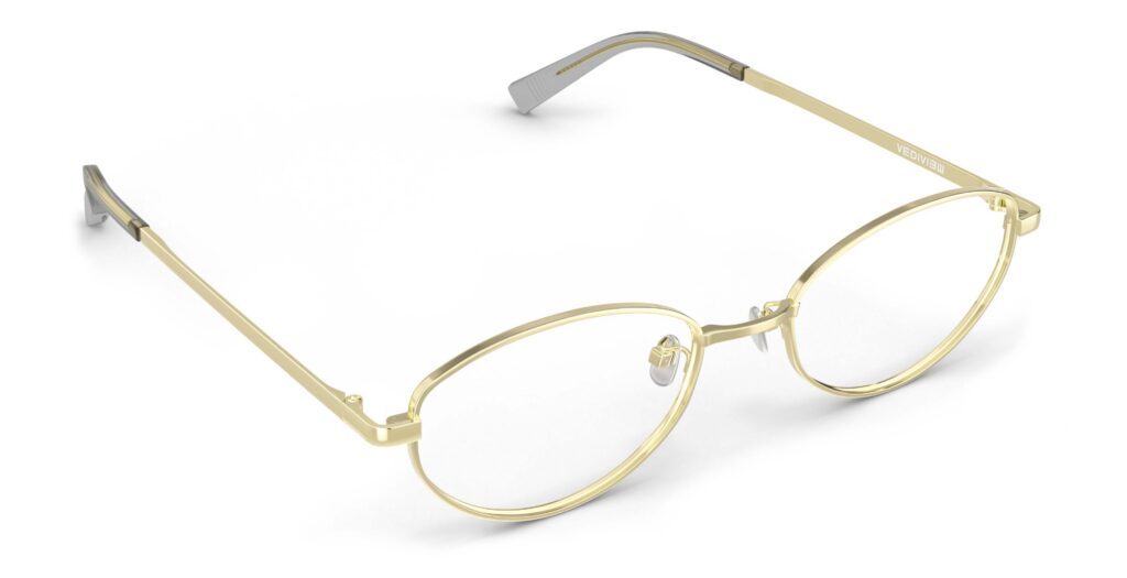 Angled view of Proulx gold oval eyeglasses from Vediview