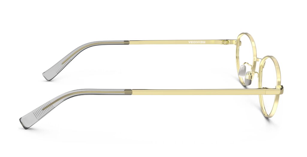 Side view of Proulx gold oval eyeglasses from Vediview