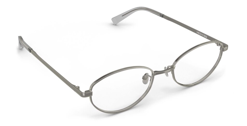 Angled view of Proulx gun oval eyeglasses from Vediview