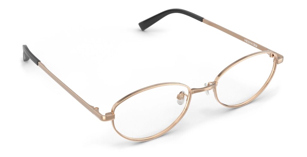 Angled view of Proulx rose gold oval eyeglasses from Vediview