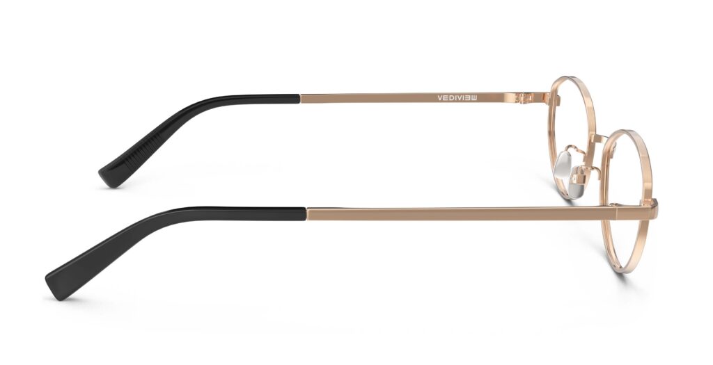 Side view of Proulx rose gold oval eyeglasses from Vediview