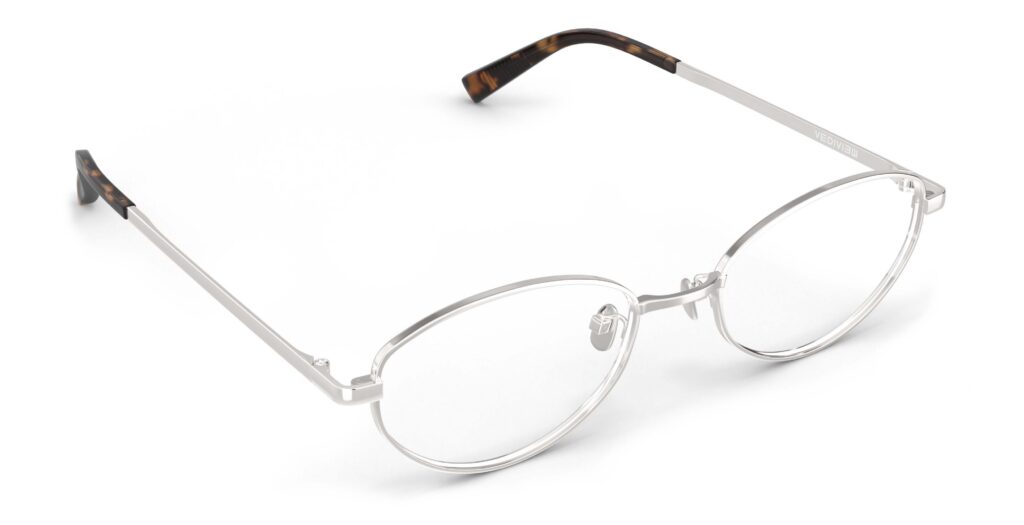 Angled view of Proulx silver oval eyeglasses from Vediview