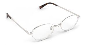 Angled view of Proulx silver oval eyeglasses from Vediview