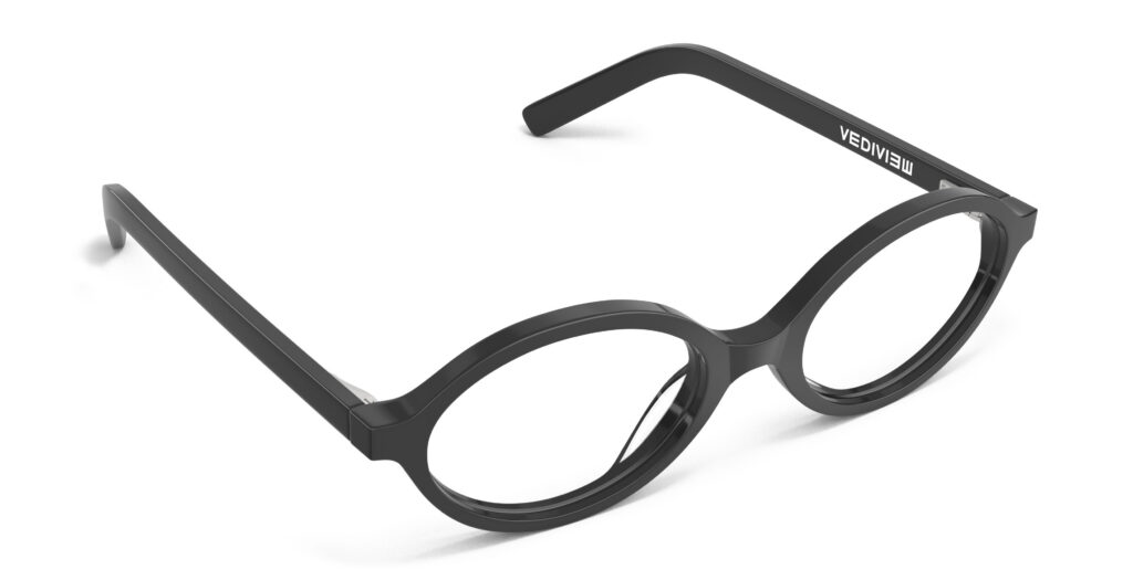 Angled view of Vaughan black oval eyeglasses from Vediview