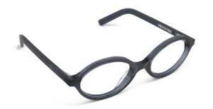 Angled view of Vaughan blue grey oval eyeglasses from Vediview