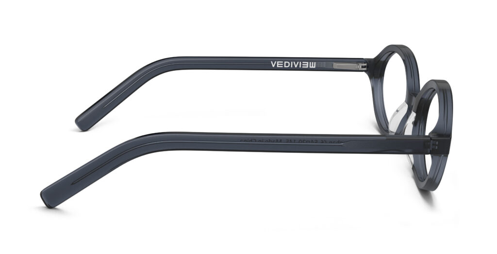 Side view of Vaughan blue grey oval eyeglasses from Vediview