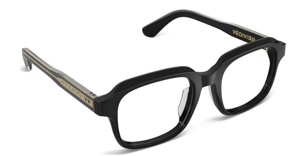 Angled view of Byron black square eyeglasses from Vediview