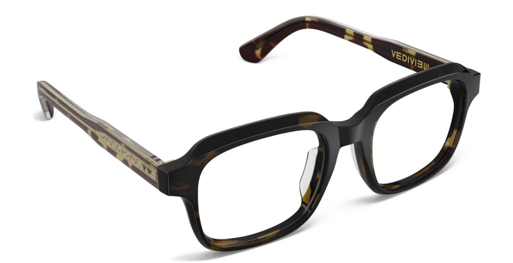 Angled view of Byron tortoise square eyeglasses from Vediview