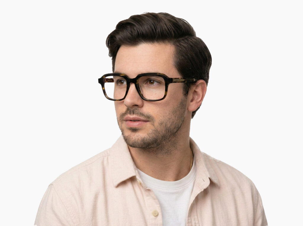 Man model wearing Byron tortoise acetate eyeglasses from Vediview