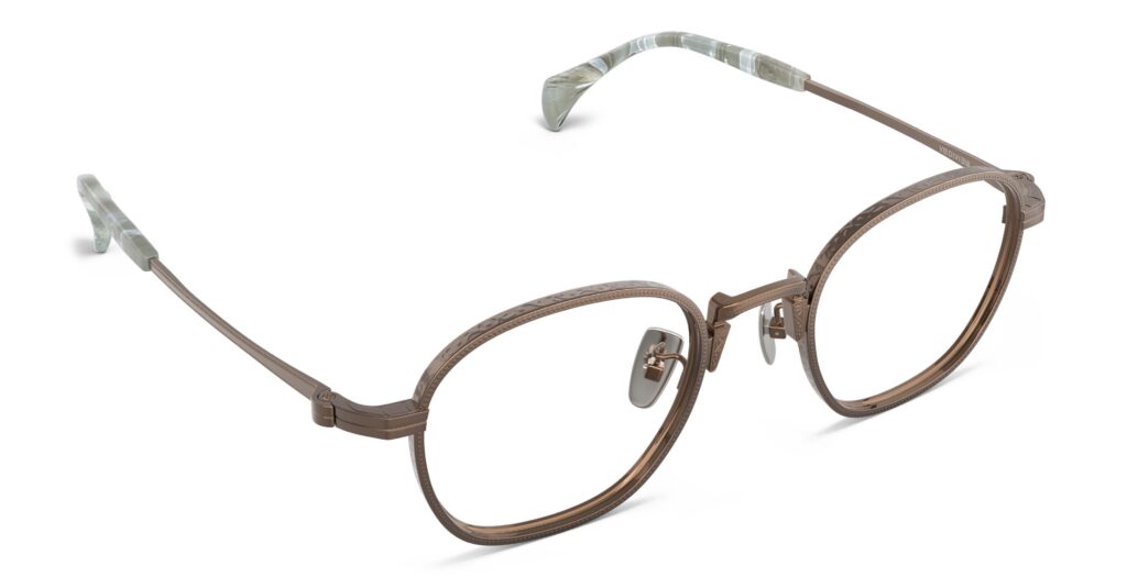 Angled view of Nico bronze round eyeglasses from Vediview