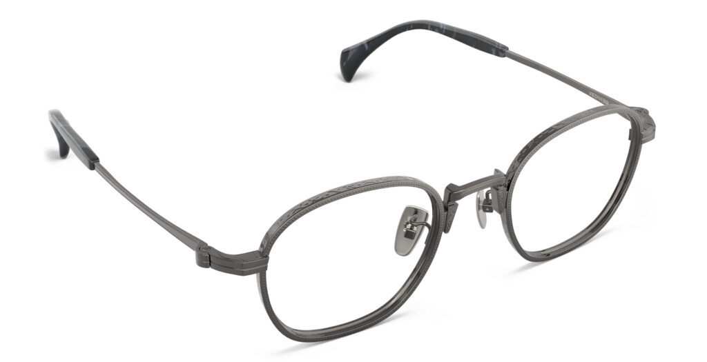 Angled view of Nico gun round eyeglasses from Vediview
