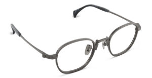 Angled view of Nico gun round eyeglasses from Vediview