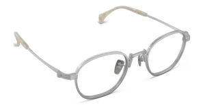 Angled view of Nico silver round eyeglasses from Vediview