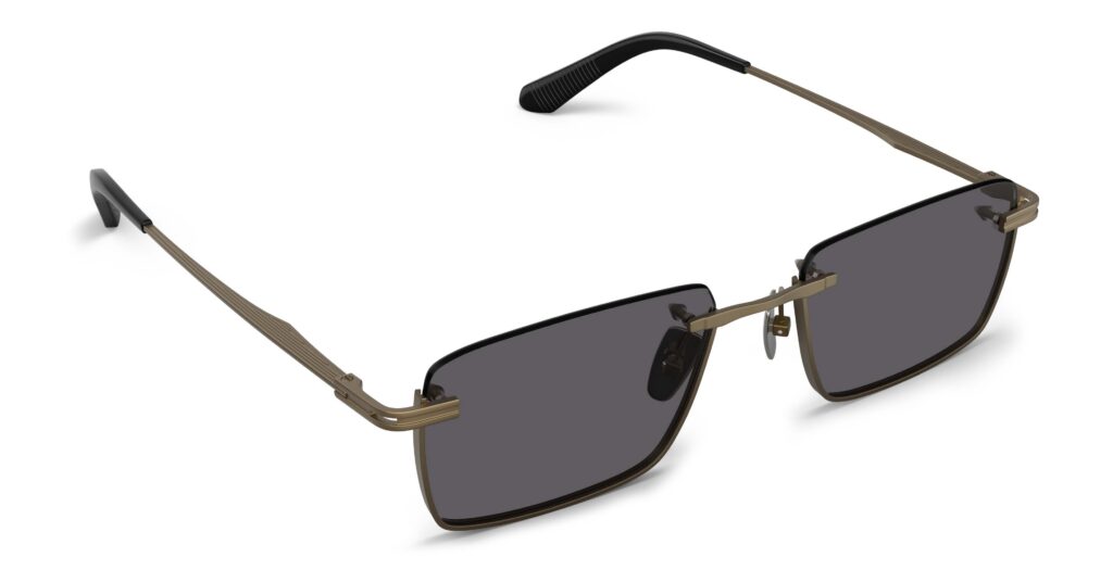 Angled view of Seneca bronze rectangle sunglasses with grey lenses from Vediview