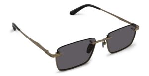 Angled view of Seneca bronze rectangle sunglasses with grey lenses from Vediview
