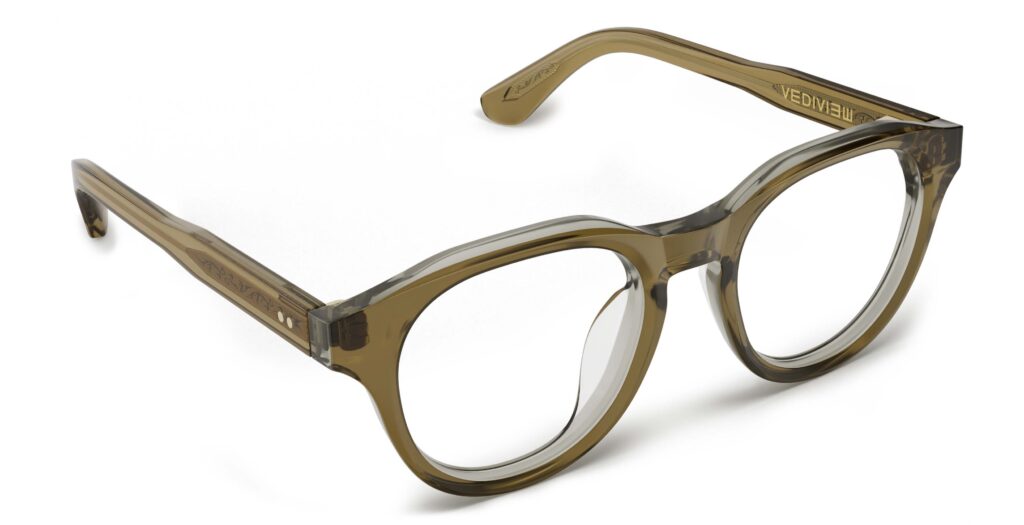Angled view of Zora green round eyeglasses from Vediview