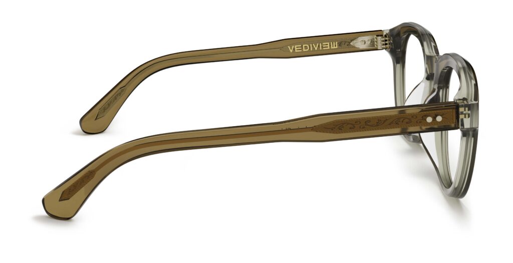 Side view of Zora green round eyeglasses from Vediview