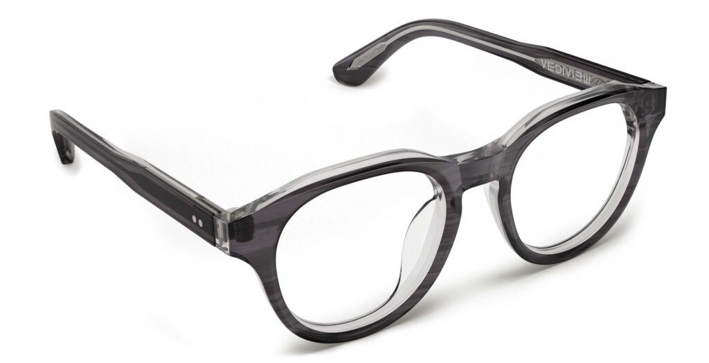 Angled view of Zora purple round eyeglasses from Vediview