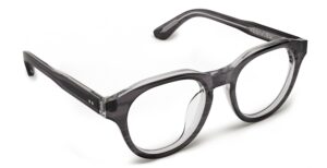 Angled view of Zora purple round eyeglasses from Vediview