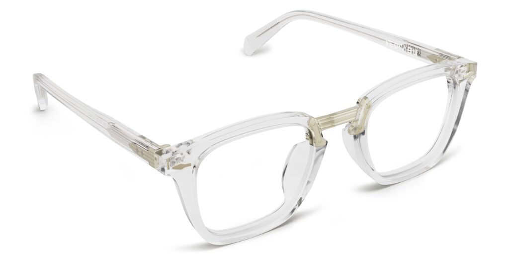Angled view of Baldwin clear rectangle eyeglasses from Vediview