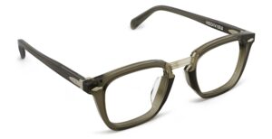 Angled view of Baldwin dark green rectangle eyeglasses from Vediview