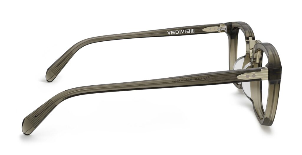 Side view of Baldwin dark green rectangle eyeglasses from Vediview